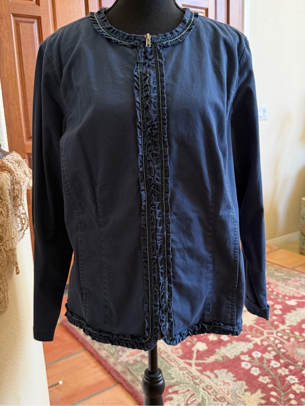 Chicos  Blue Military Style Ruffled Jeans Jacket Top Women Size 2 Medium